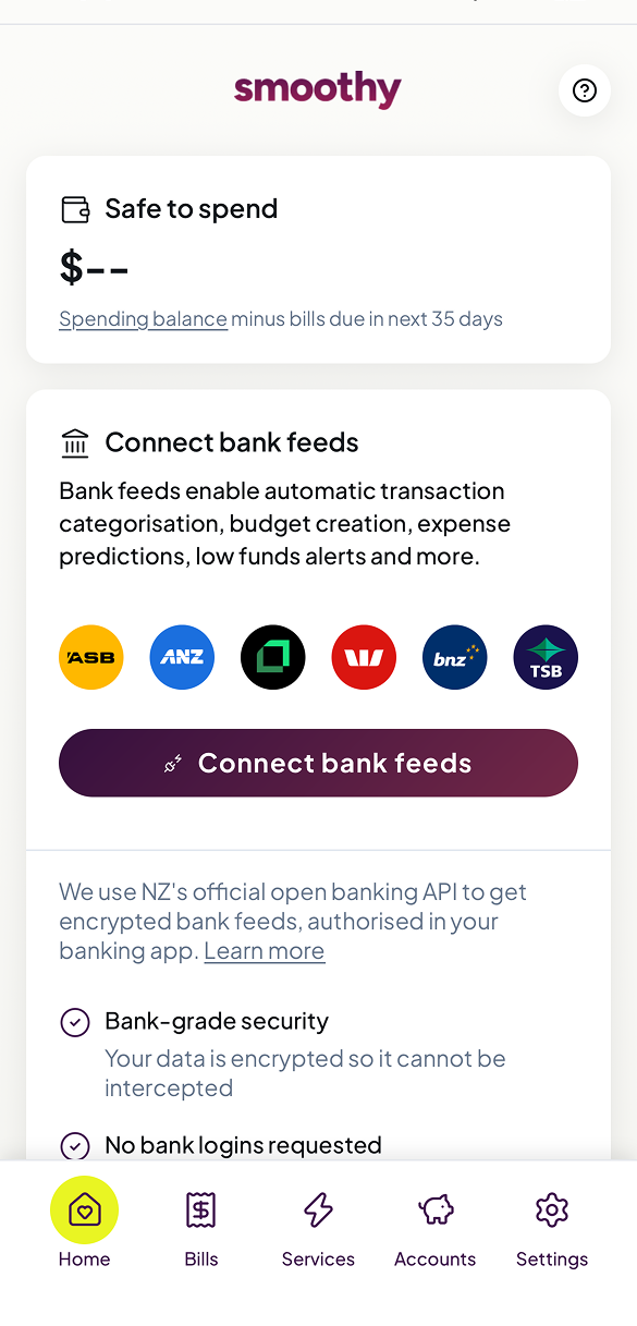 Smoothy home screen with a Connect bank feeds button and logos for ASB, ANZ, Westpac, BNZ and TSB