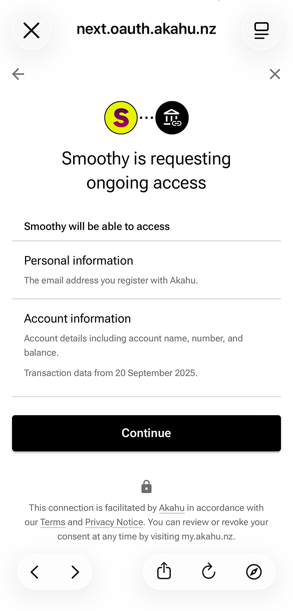 Akahu screen saying Smoothy is requesting ongoing access to personal and account information
