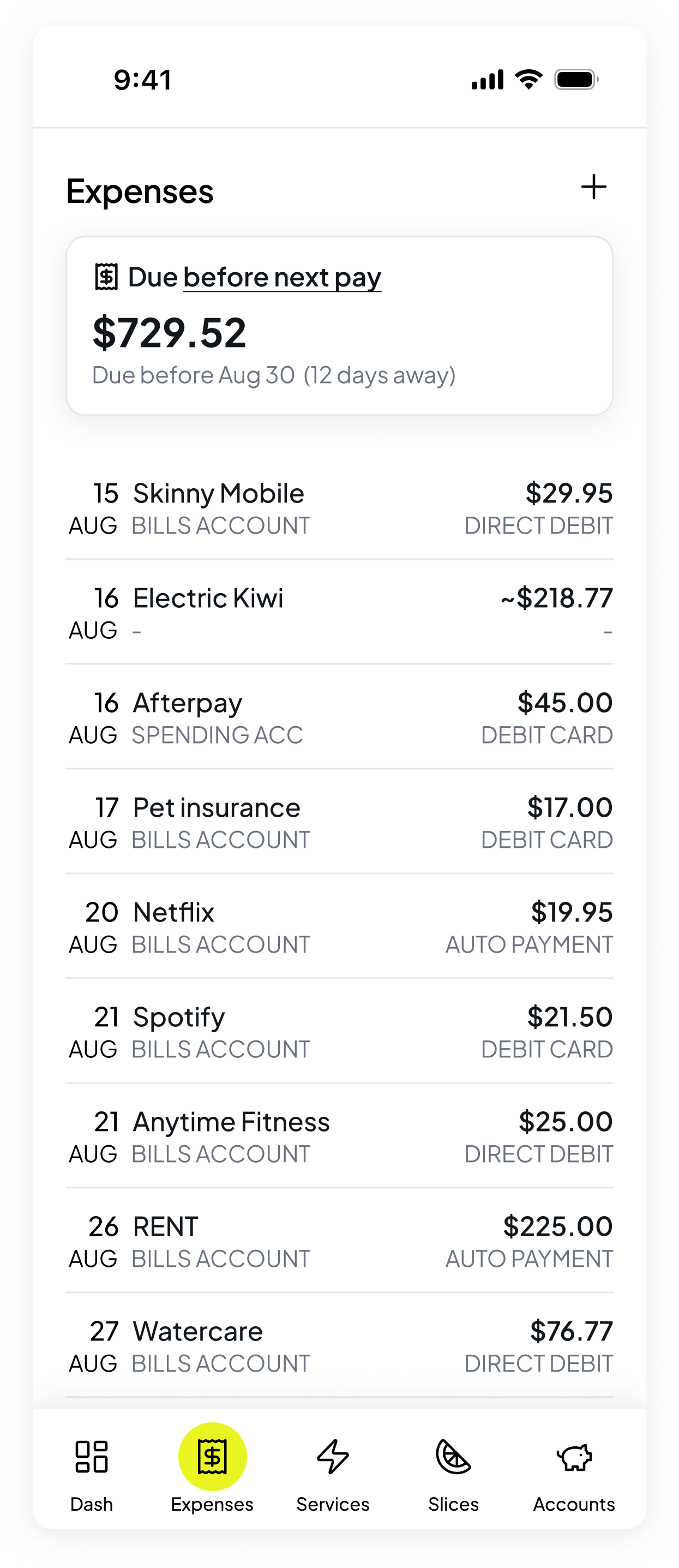 Smoothy expenses list showing upcoming bills and subscriptions